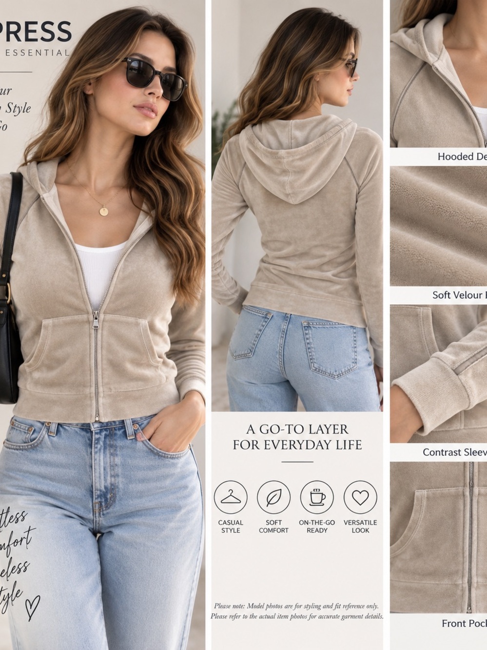 Express XS Beige Velour Full Zip Hoodie Cotton Blend Y2K